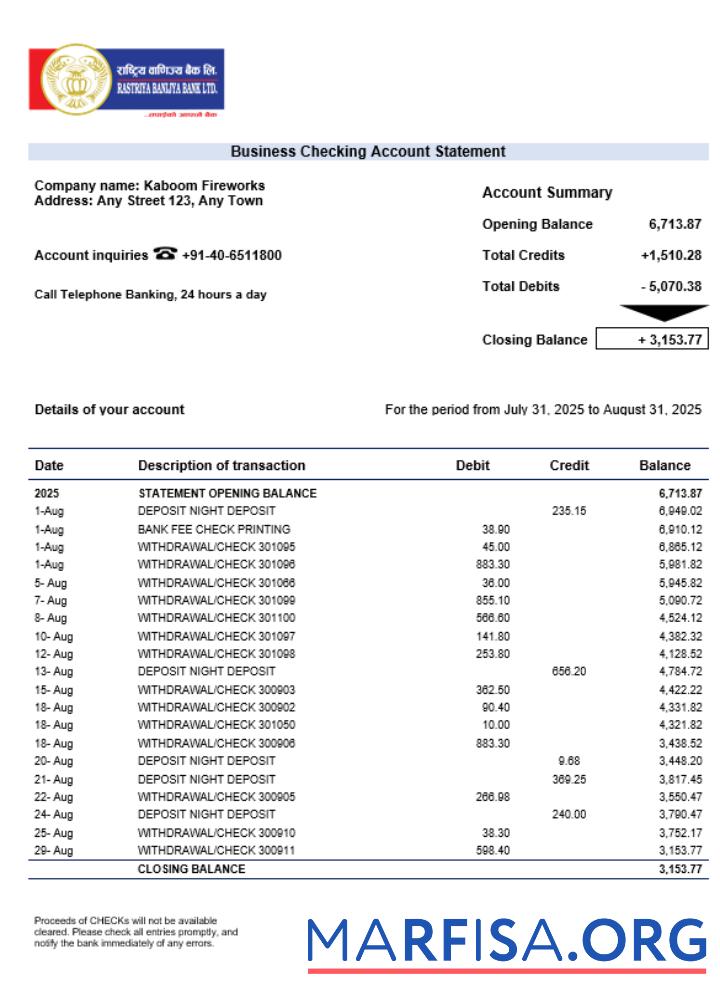 Realistic RBB Smart business bank organization account statement Word and PDF format example